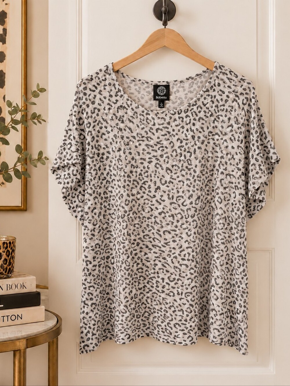 Bobeau Leopard Print Relaxed Fit Blouse L Cream Grey Draped Sleeves